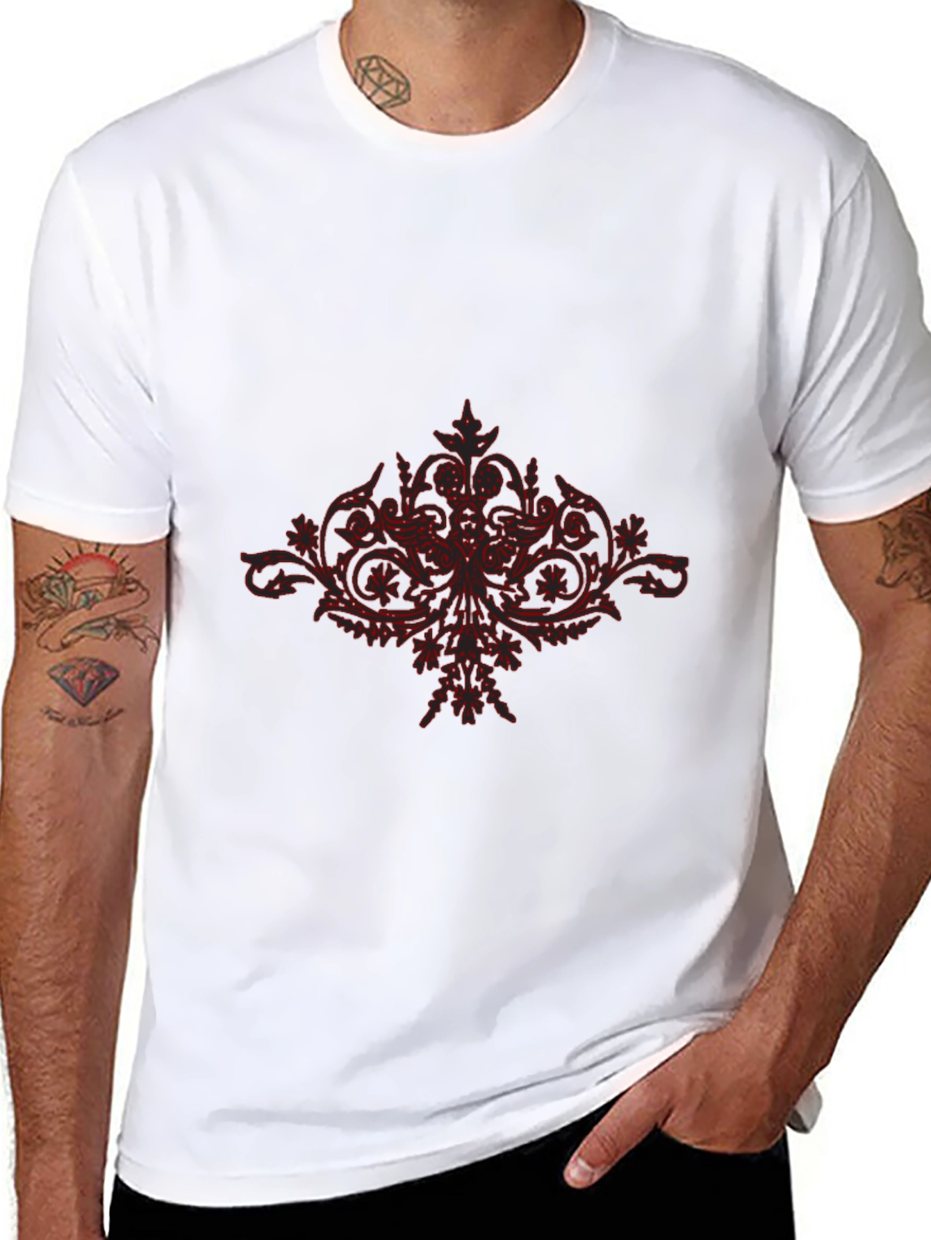 Black T-Shirt with Red Floral Design