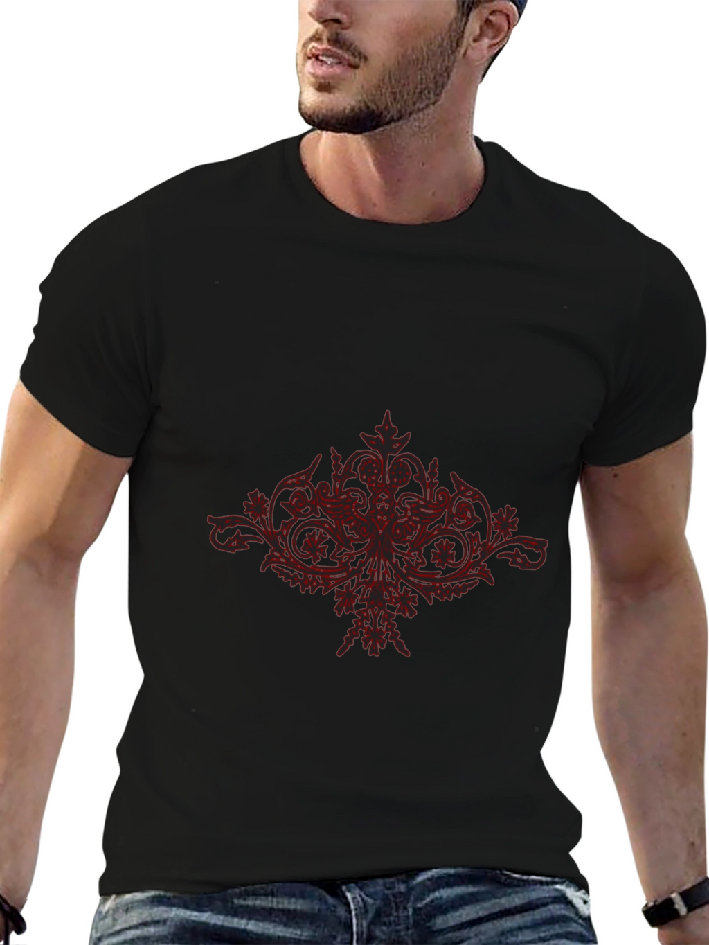 Black T-Shirt with Red Floral Design