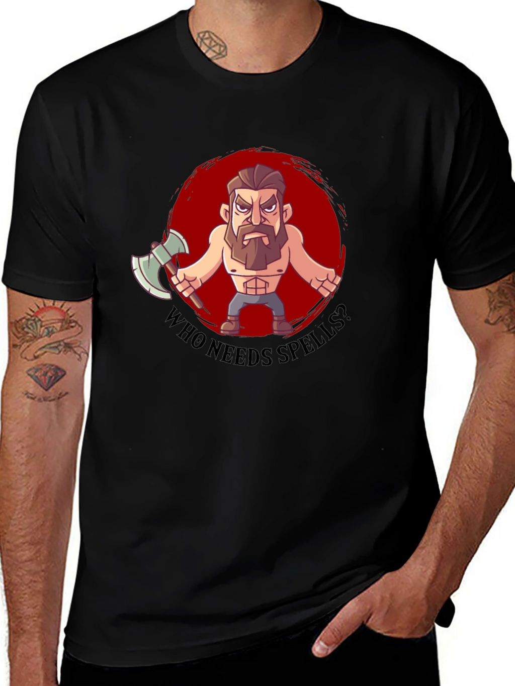 Barbarian Cartoon T-Shirt - Who Needs Spells?