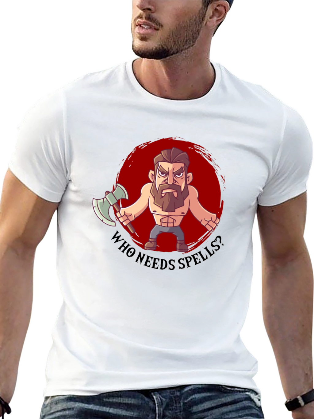 Barbarian Cartoon T-Shirt - Who Needs Spells?