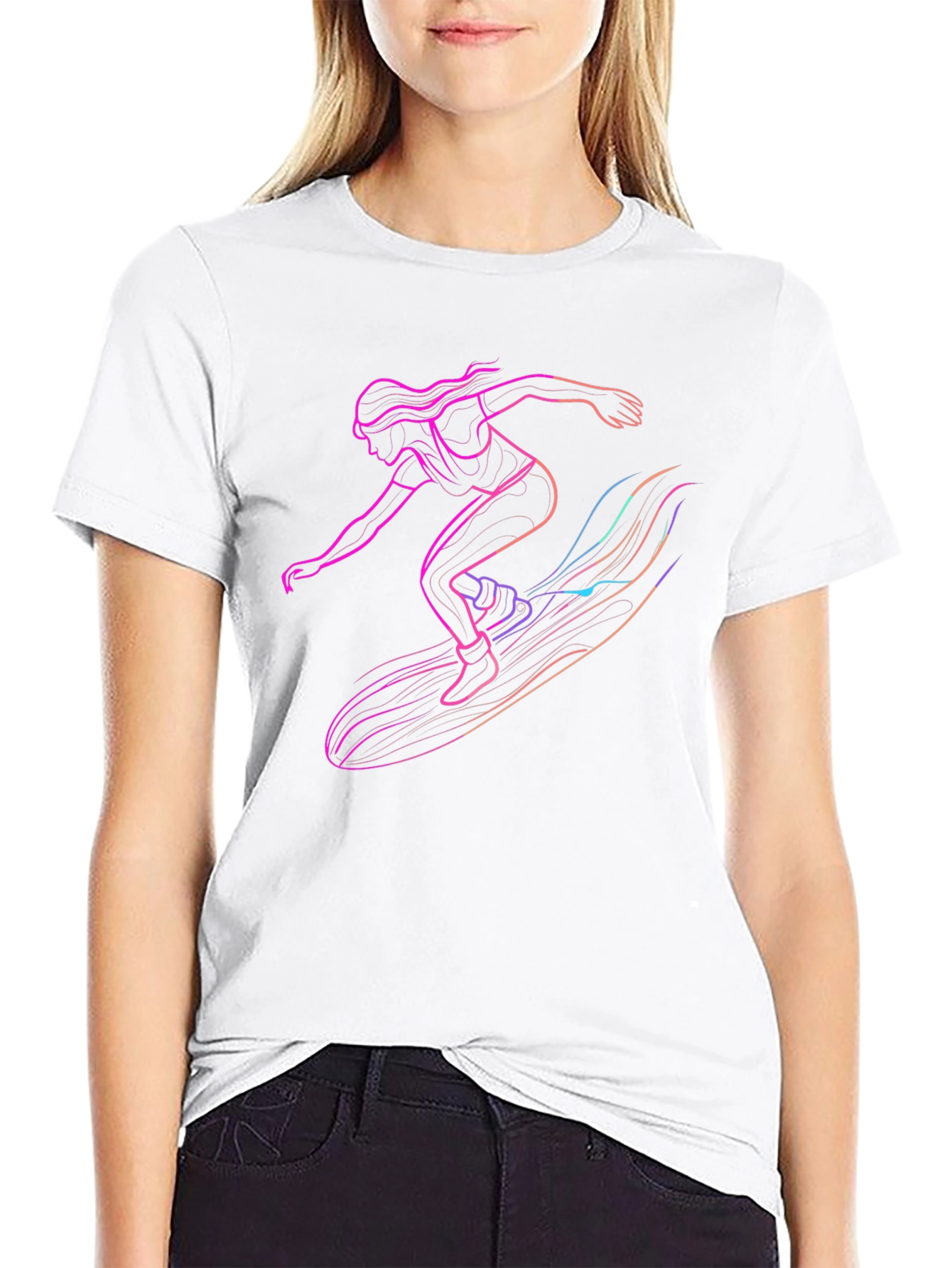 Surfing Silhouette Graphic Tee - Black Cotton T-Shirt
