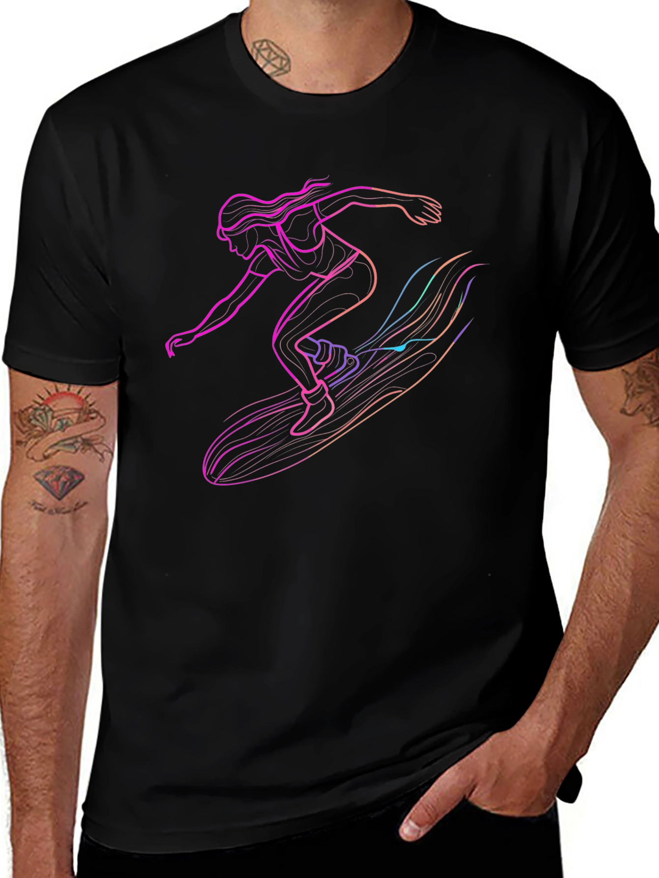 Surfing Silhouette Graphic Tee - Black Cotton T-Shirt