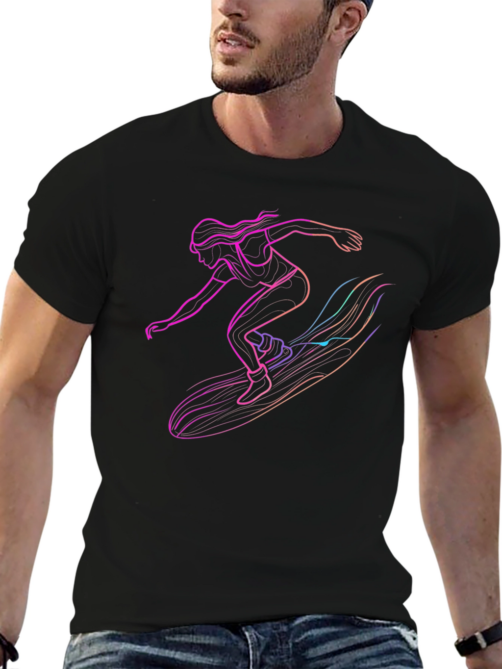 Surfing Silhouette Graphic Tee - Black Cotton T-Shirt
