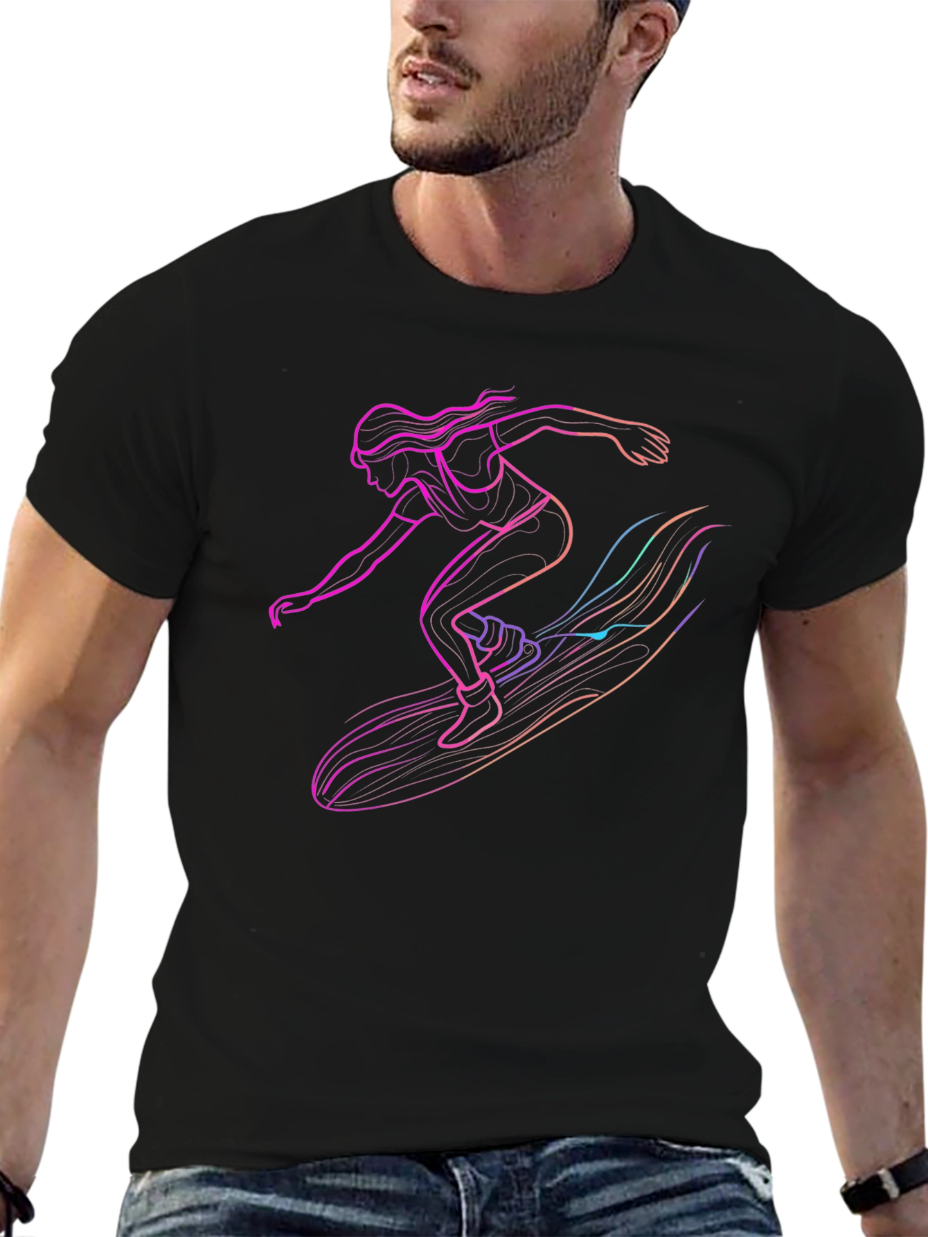 Surfing Silhouette Graphic Tee - Black Cotton T-Shirt