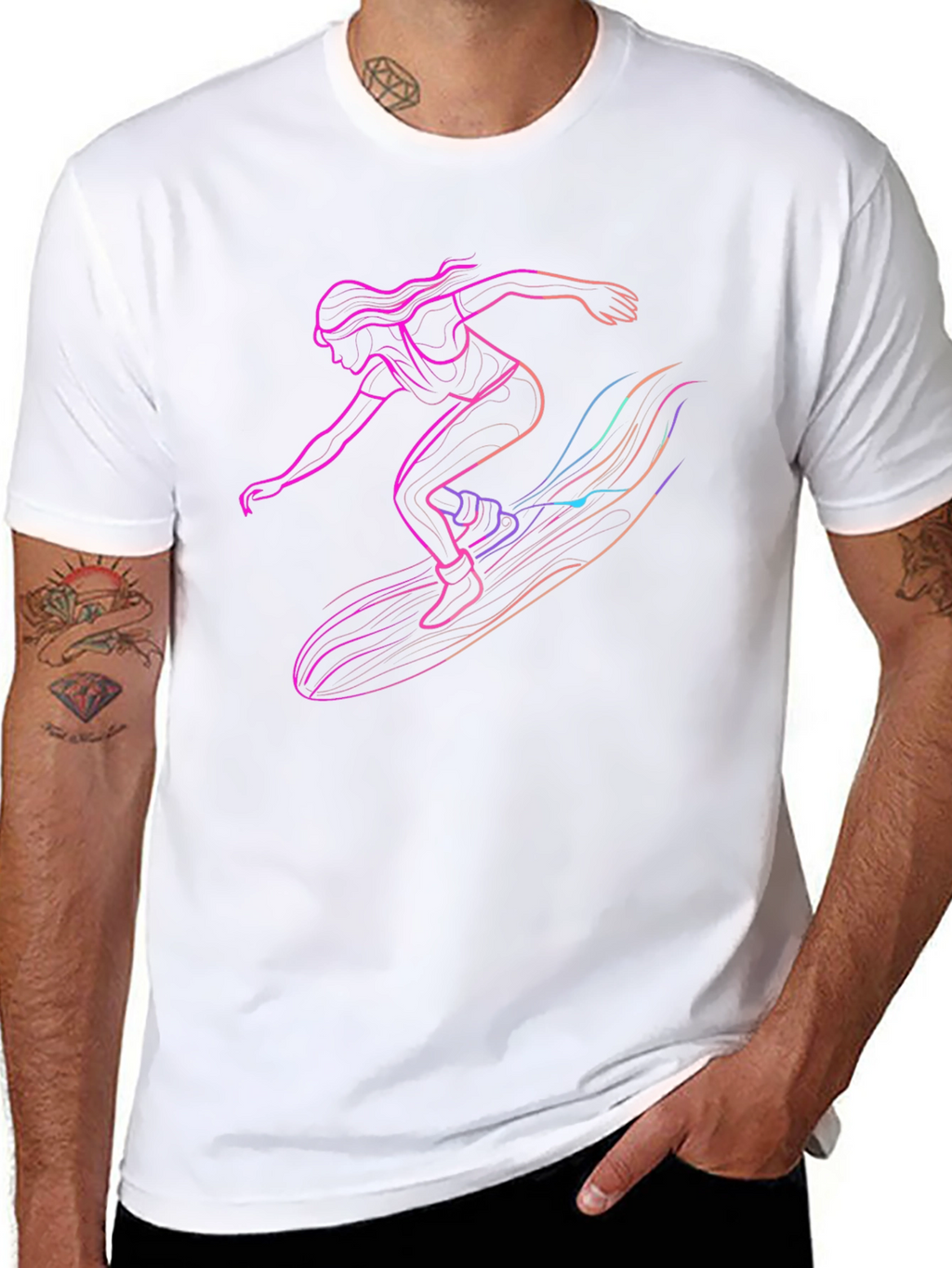 Surfing Silhouette Graphic Tee - Black Cotton T-Shirt