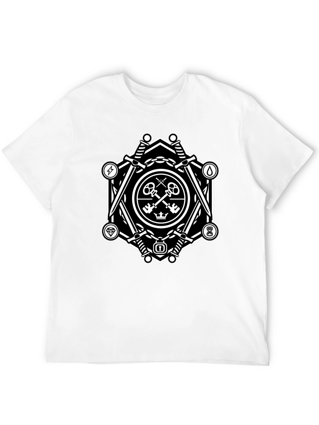Geometric Key & Sword Graphic Black T-Shirt