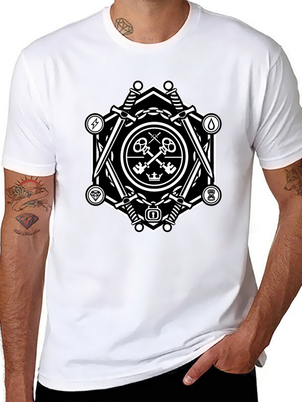 Geometric Key & Sword Graphic Black T-Shirt