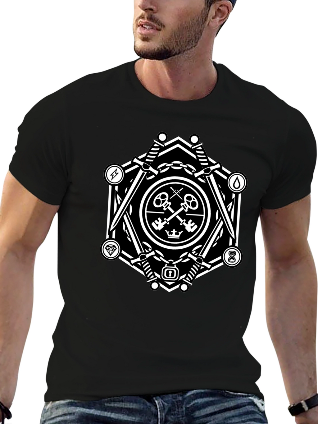 Geometric Key & Sword Graphic Black T-Shirt