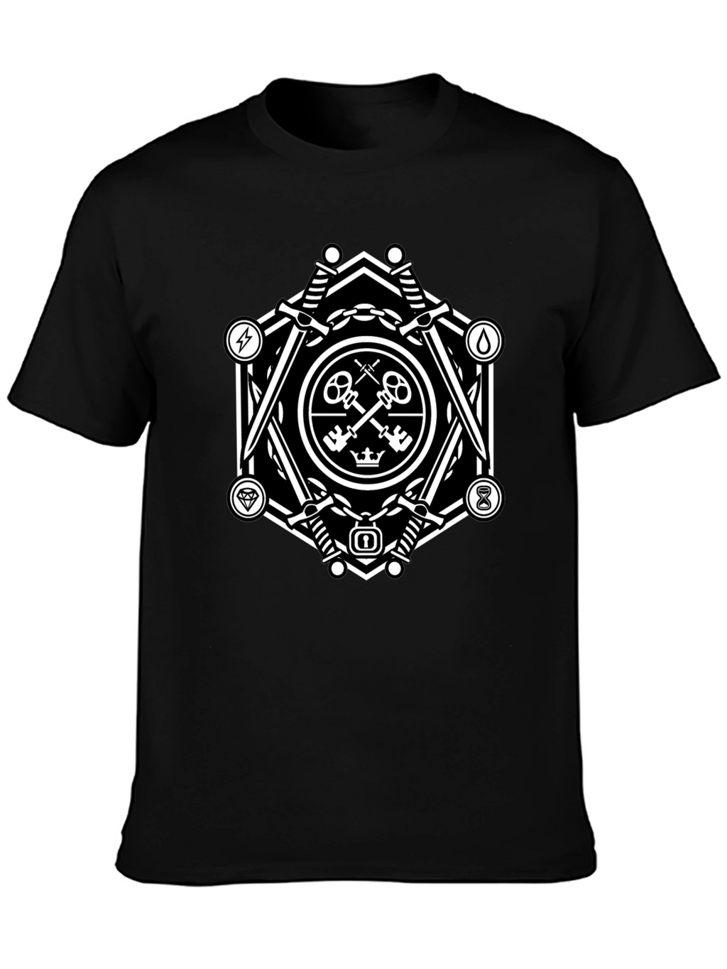 Geometric Key & Sword Graphic Black T-Shirt