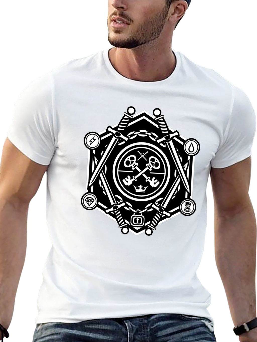 Geometric Key & Sword Graphic Black T-Shirt