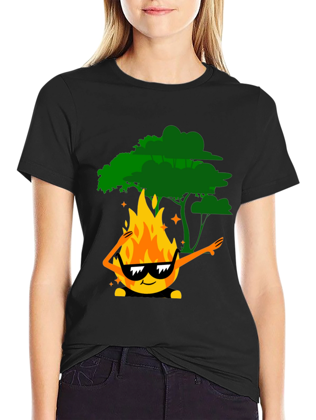 Dabbing Fire & Tree Graphic T-Shirt - Black