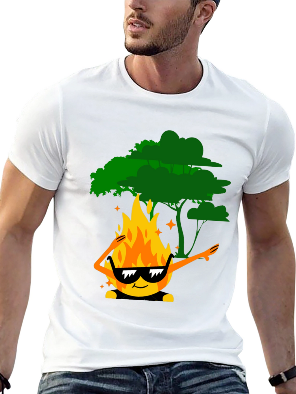 Dabbing Fire & Tree Graphic T-Shirt - Black
