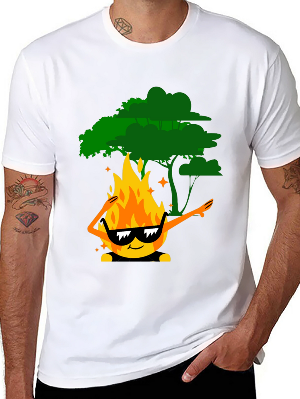 Dabbing Fire & Tree Graphic T-Shirt - Black