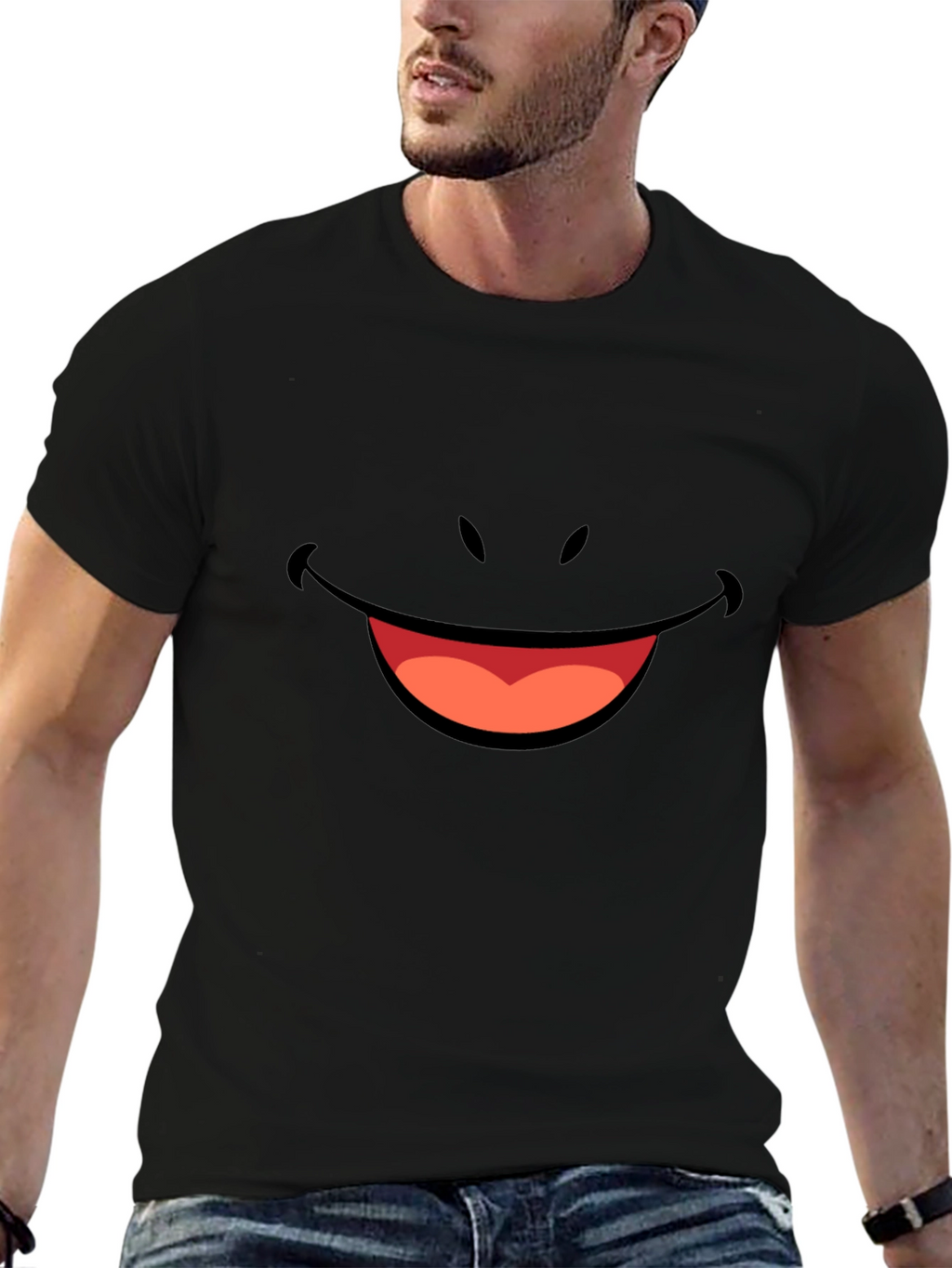 Smiley Face Graphic Tee - Black Cotton T-Shirt