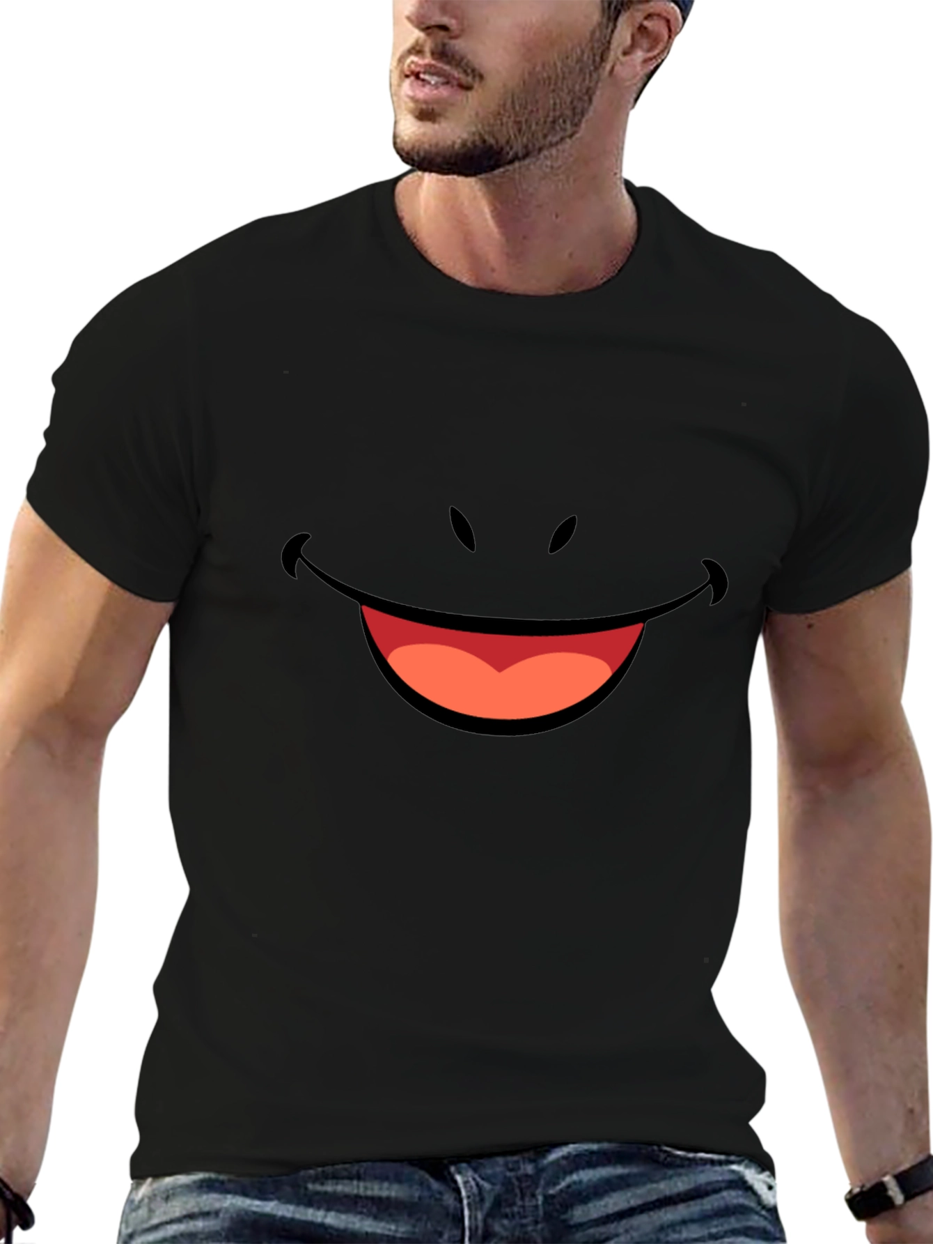 Smiley Face Graphic Tee - Black Cotton T-Shirt