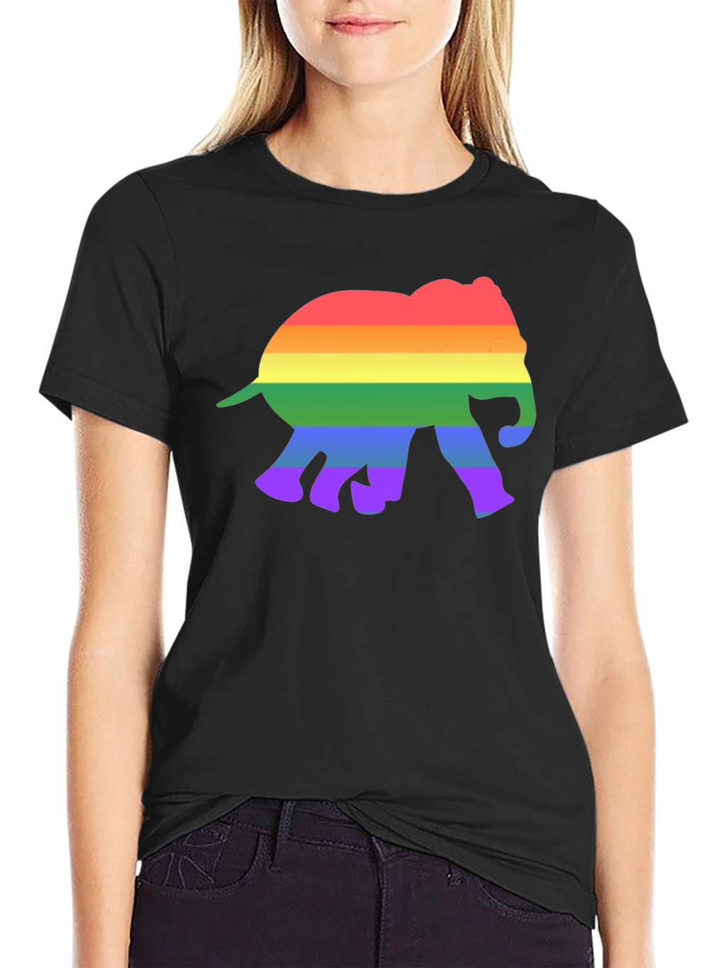 Rainbow Elephant Graphic Tee - Black Cotton T-Shirt
