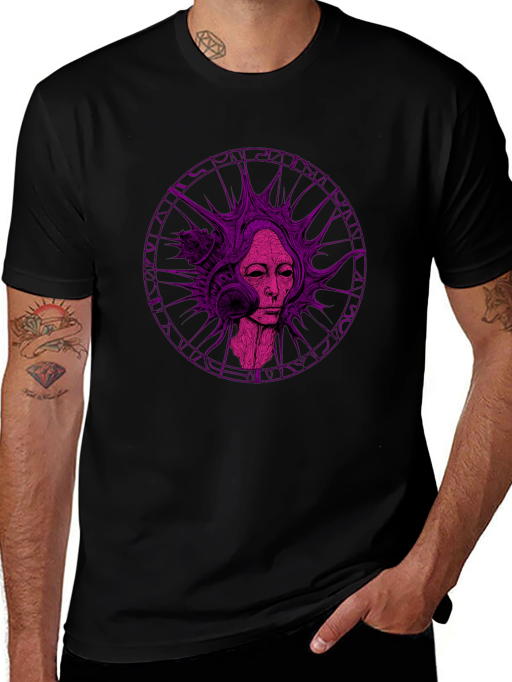 Abstract Purple Graphic Print Black T-Shirt