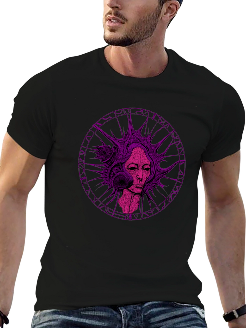 Abstract Purple Graphic Print Black T-Shirt