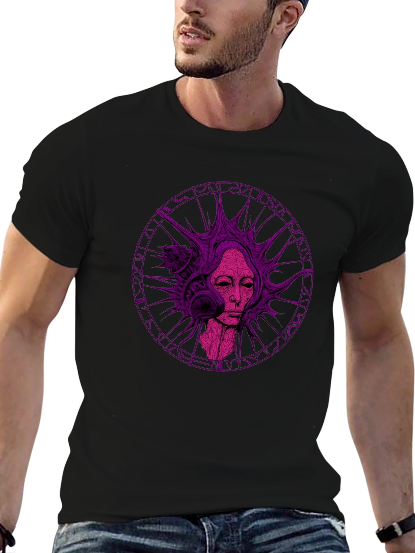 Abstract Purple Graphic Print Black T-Shirt