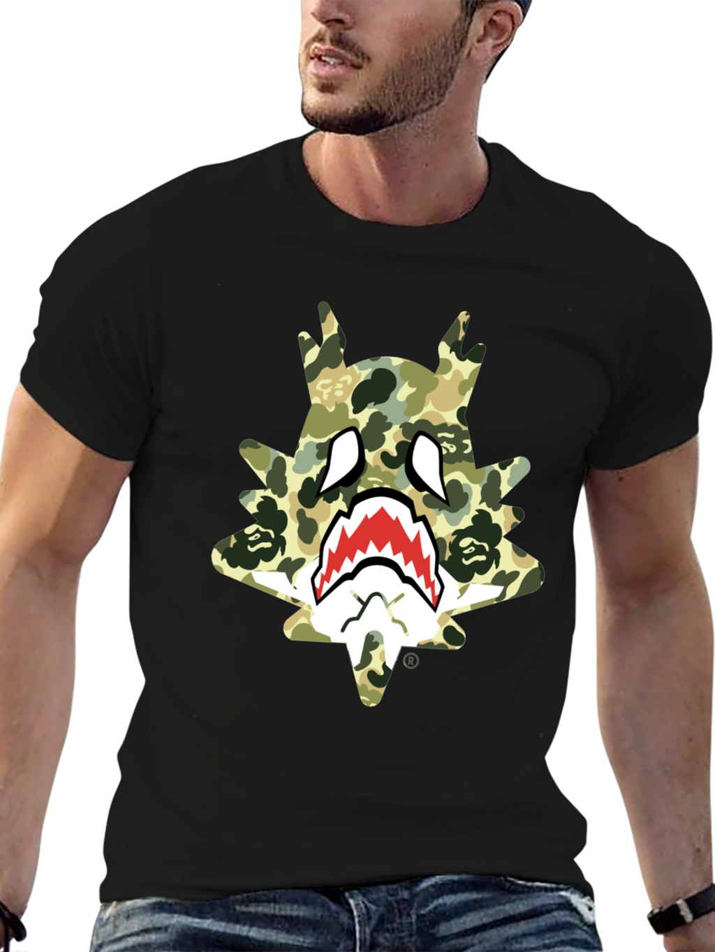 BAPE Inspired Camo Shark Tee - Black