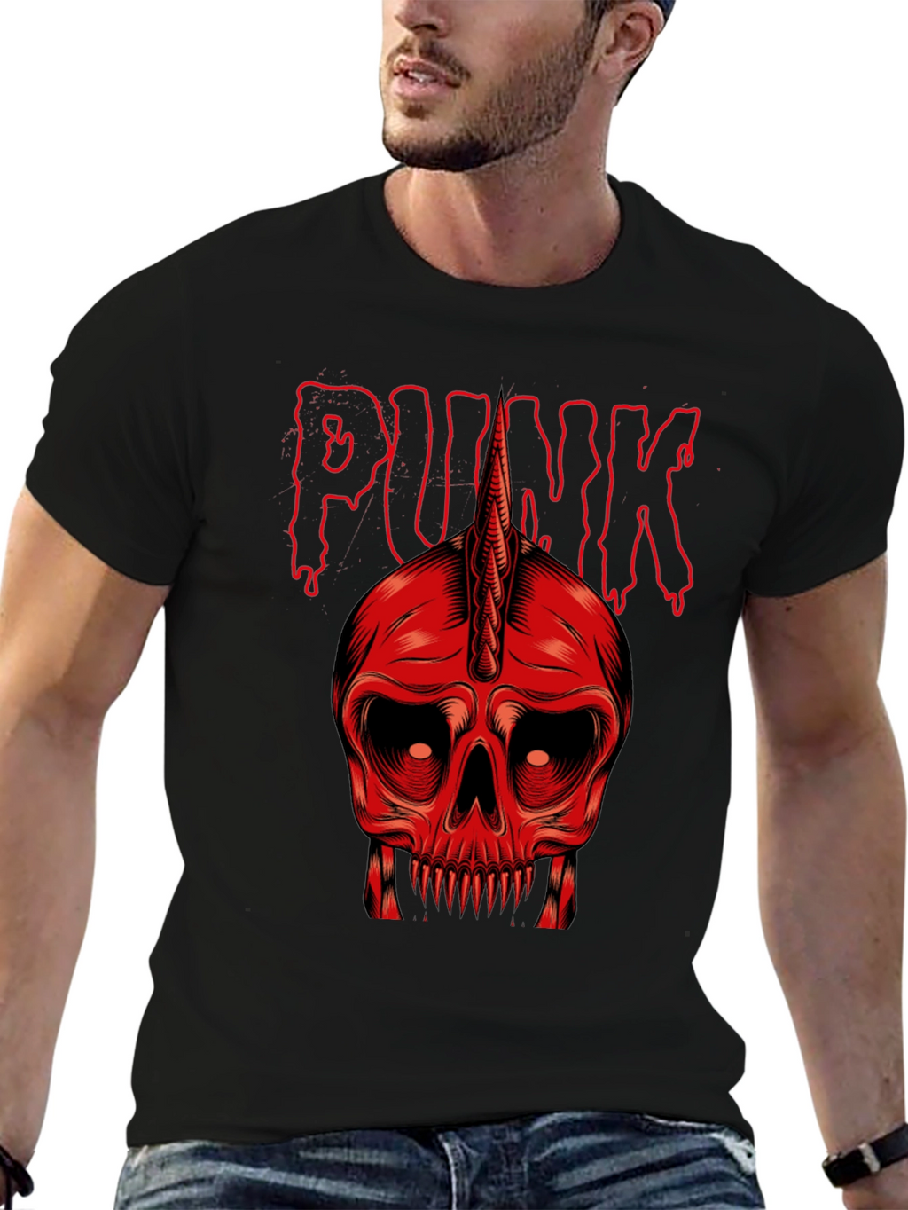 Punk Skull Graphic Tee - Red on Black