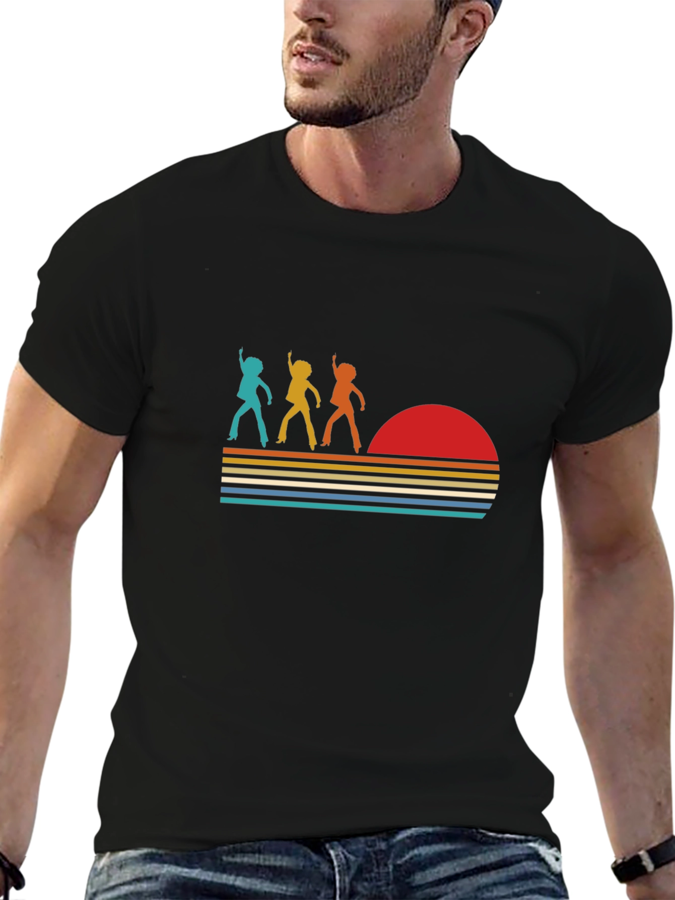 Retro Disco Sunset Graphic T-Shirt - Black