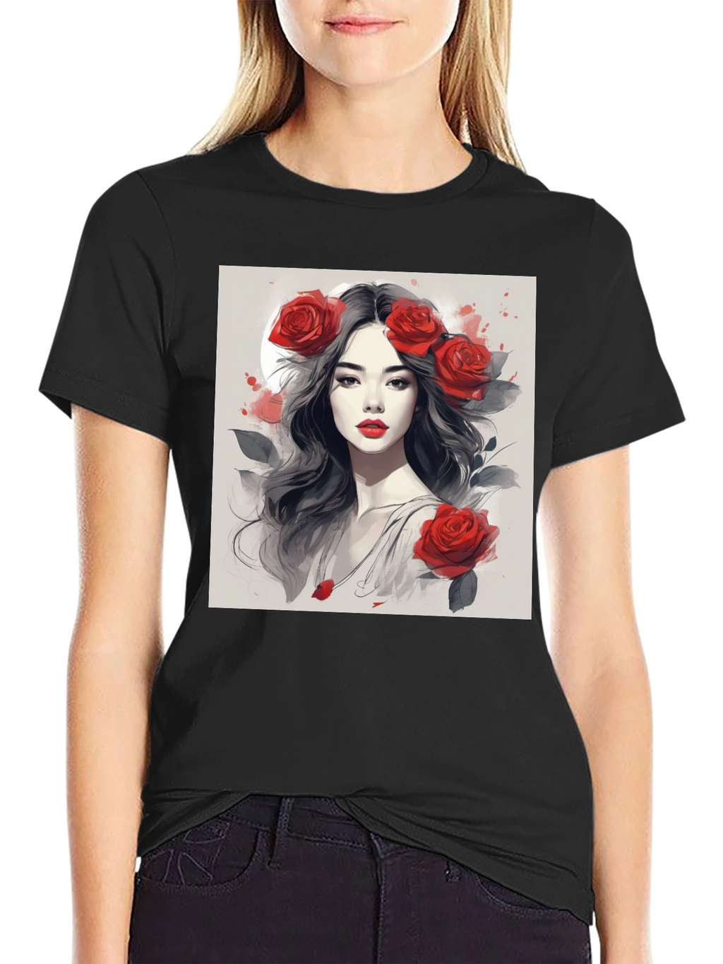 Rose Woman Graphic Tee - Black Casual Shirt