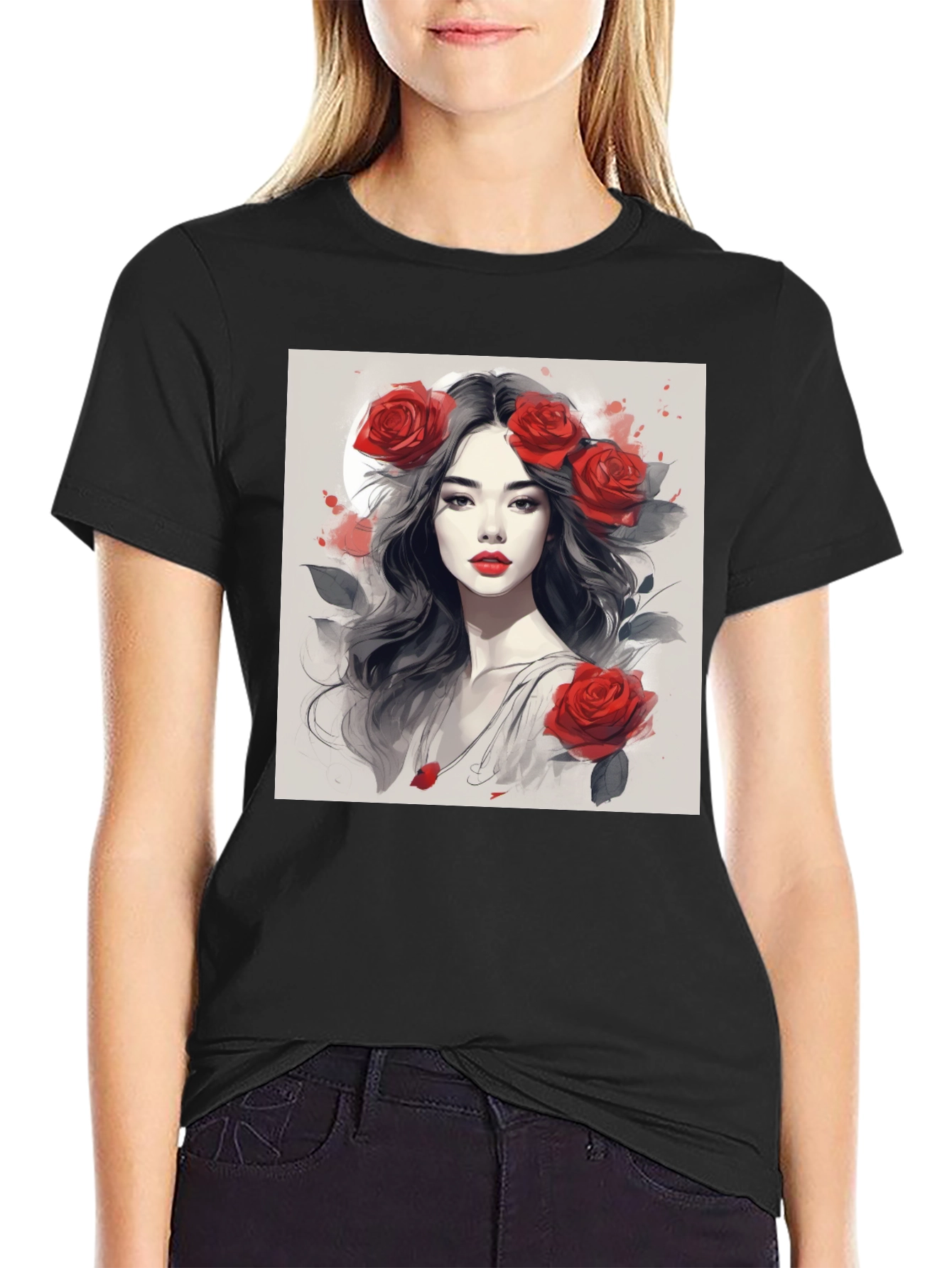 Rose Woman Graphic Tee - Black Casual Shirt