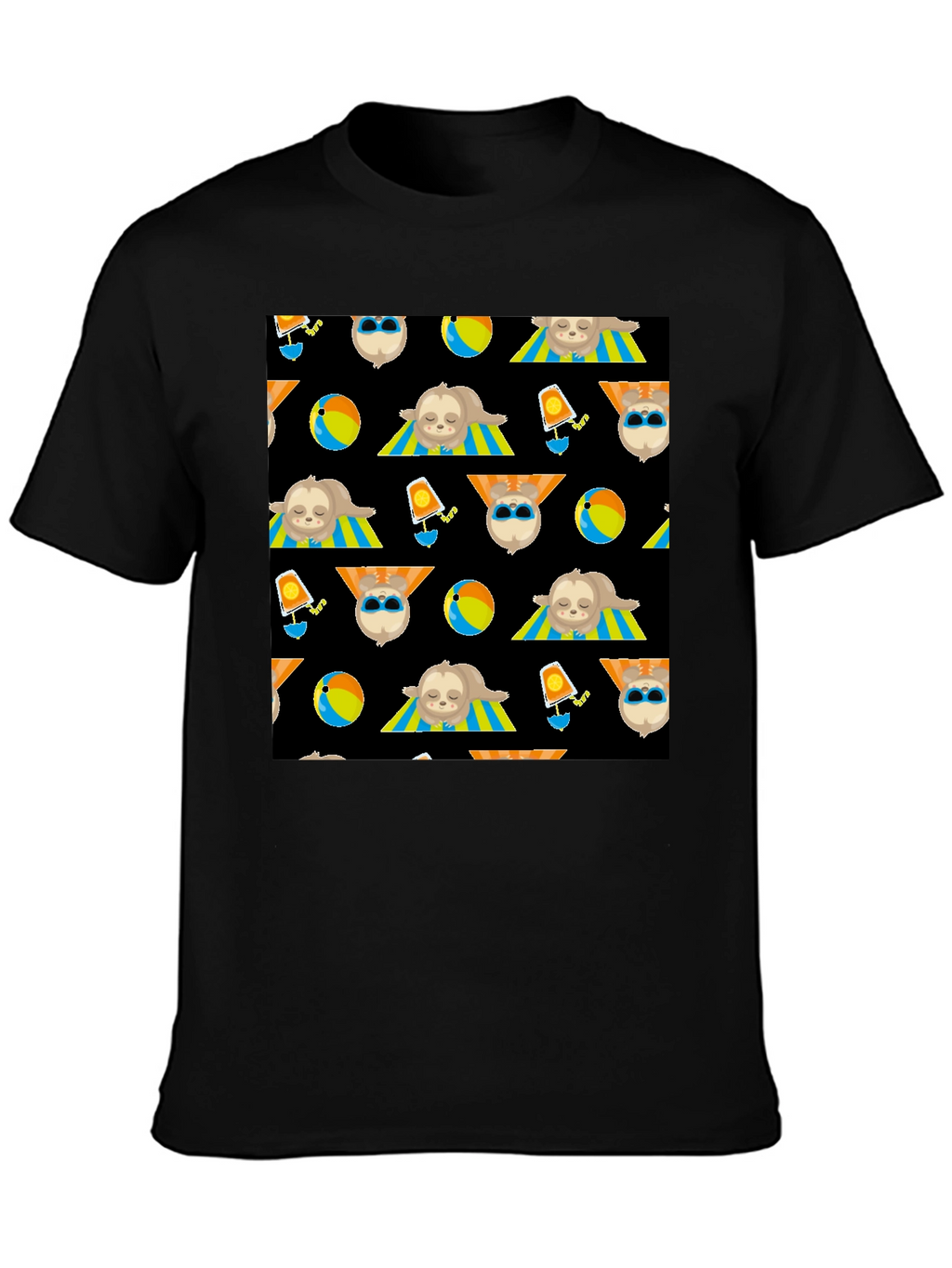 Summer Sloth Pattern Black T-Shirt