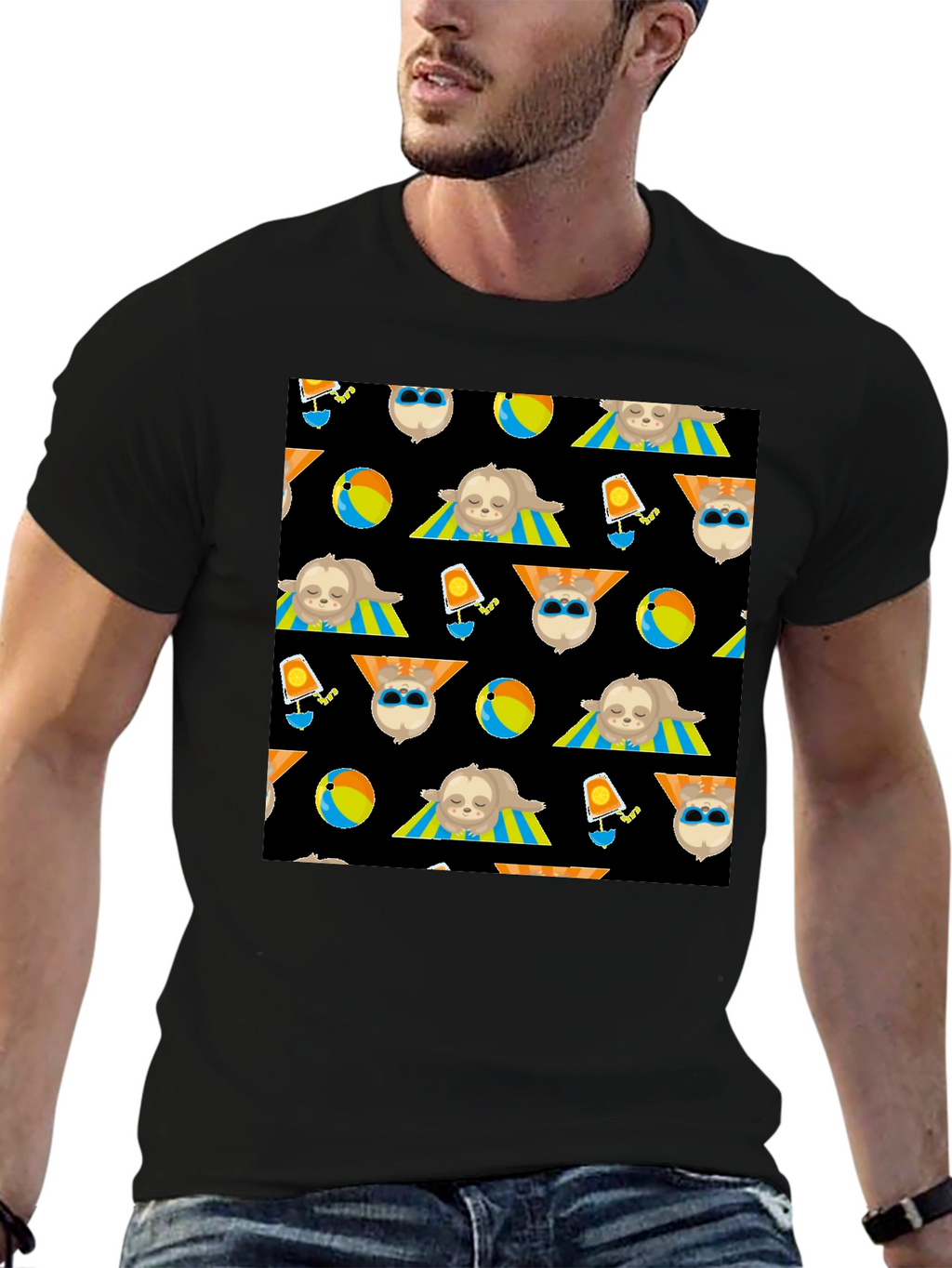 Summer Sloth Pattern Black T-Shirt