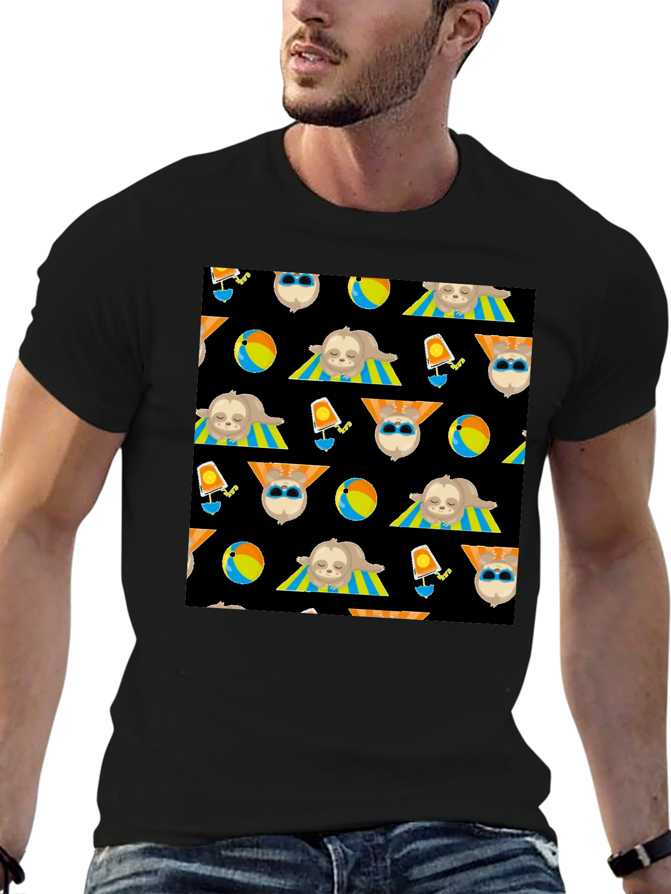 Summer Sloth Pattern Black T-Shirt