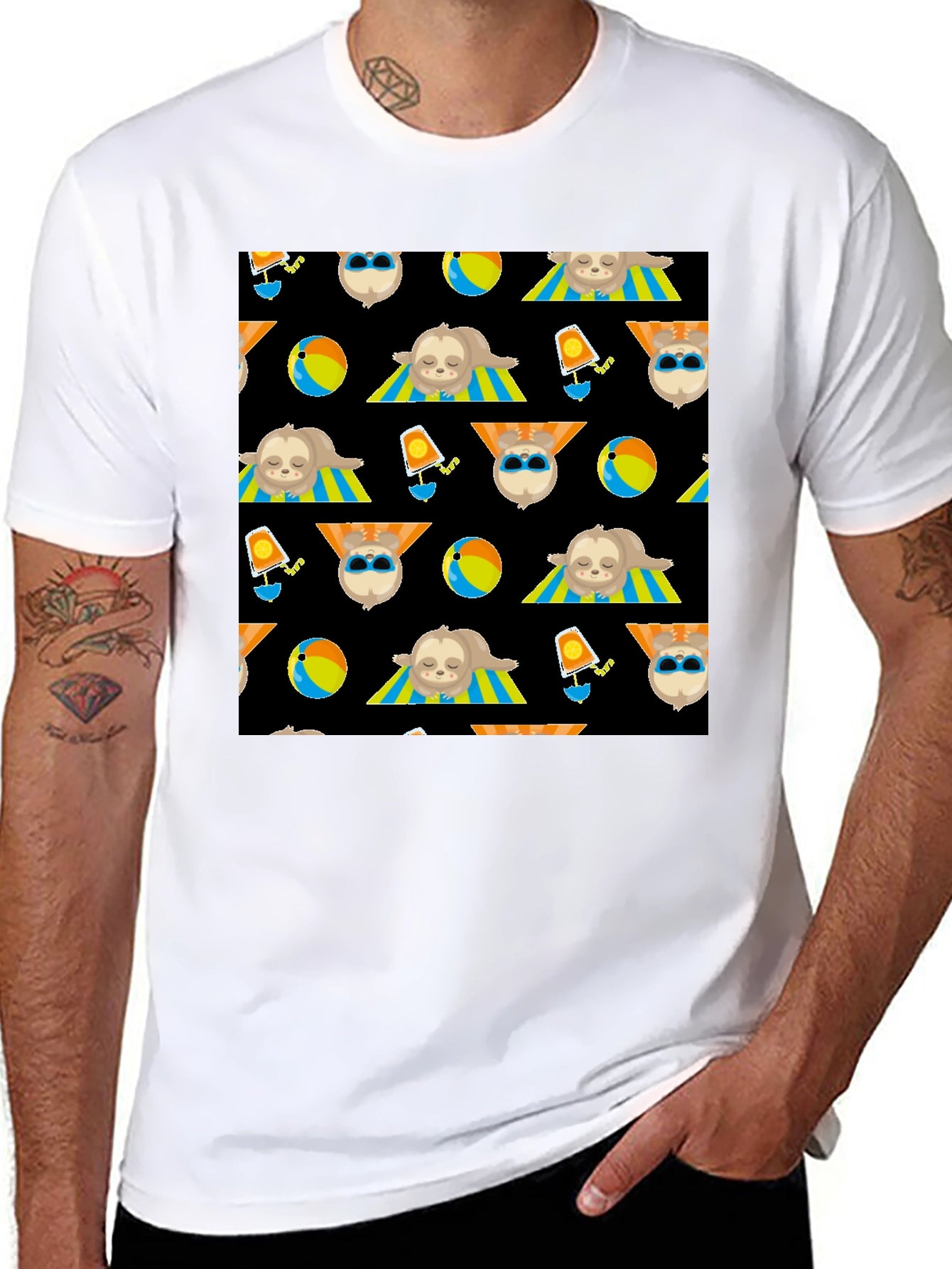 Summer Sloth Pattern Black T-Shirt