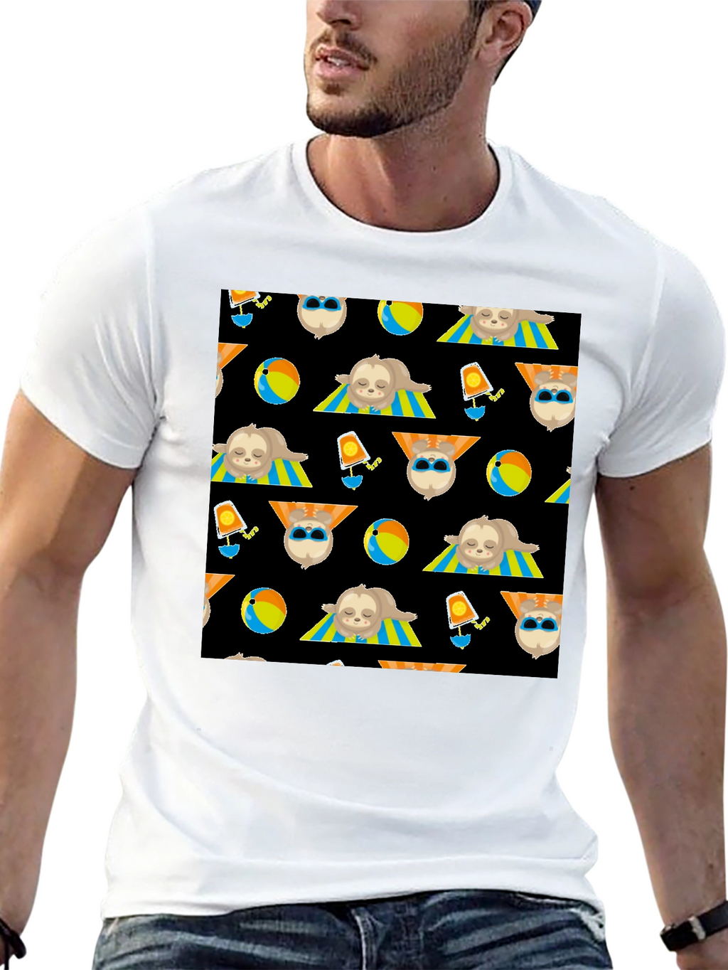 Summer Sloth Pattern Black T-Shirt