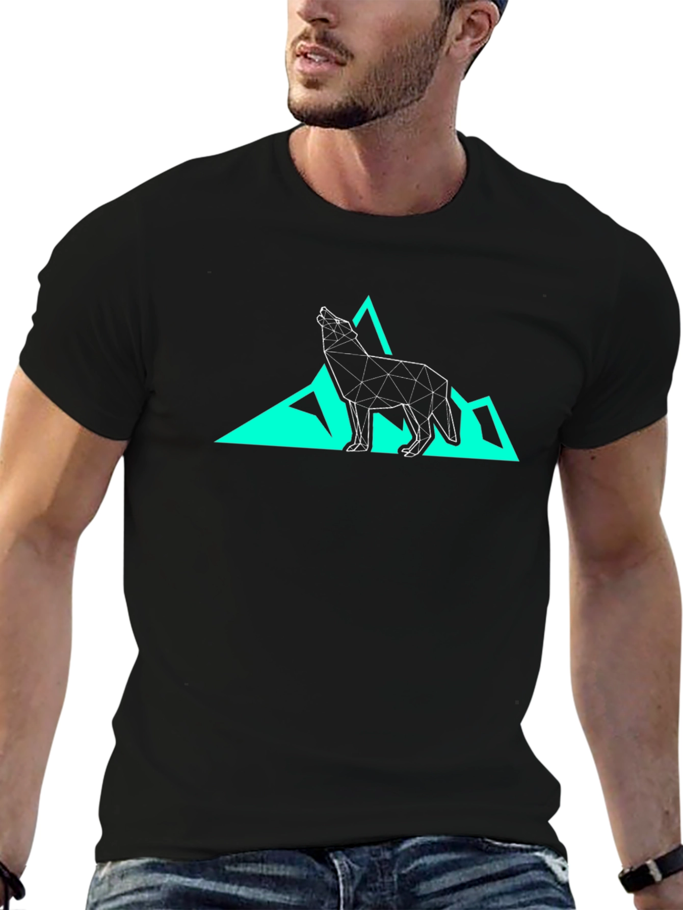 Geometric Wolf & Mountain Graphic Tee - Black