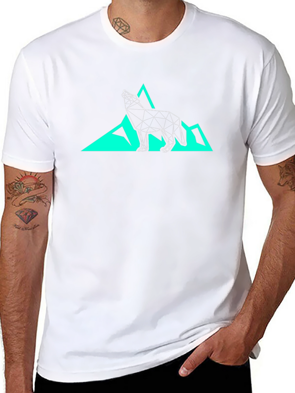 Geometric Wolf & Mountain Graphic Tee - Black