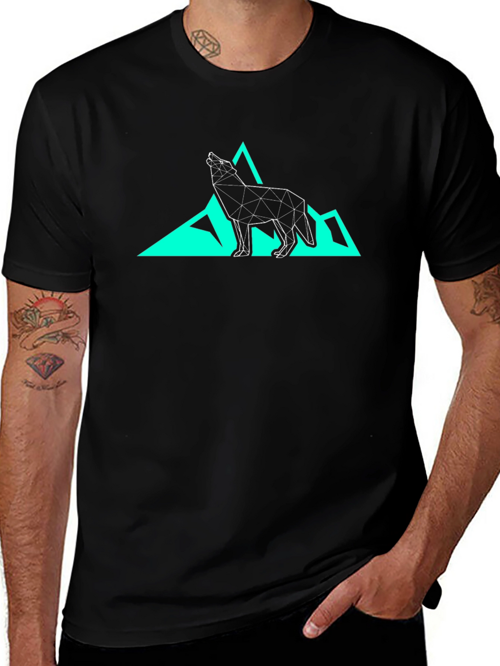 Geometric Wolf & Mountain Graphic Tee - Black