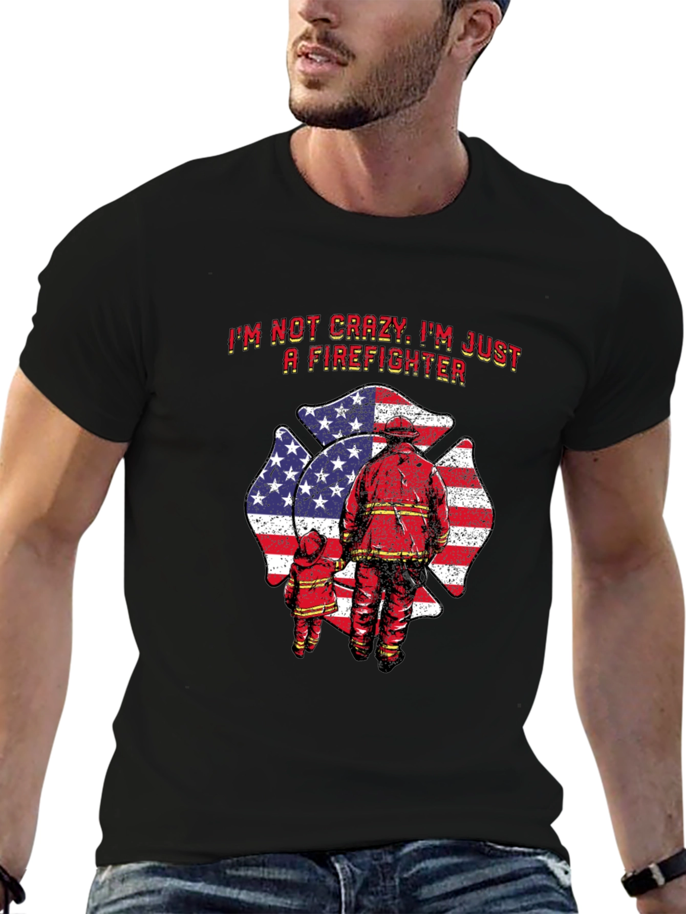 Firefighter Dad T-Shirt - American Flag Maltese Cross