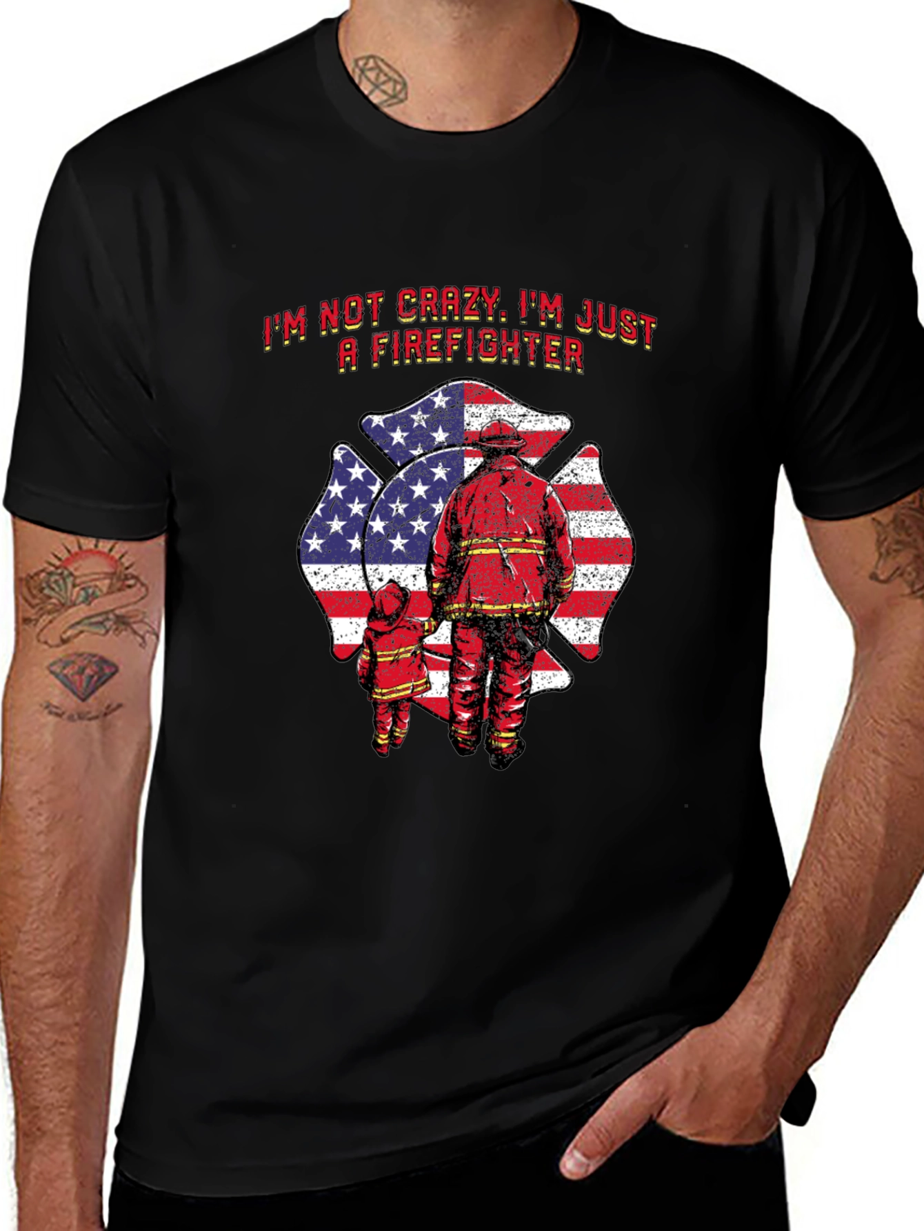 Firefighter Dad T-Shirt - American Flag Maltese Cross