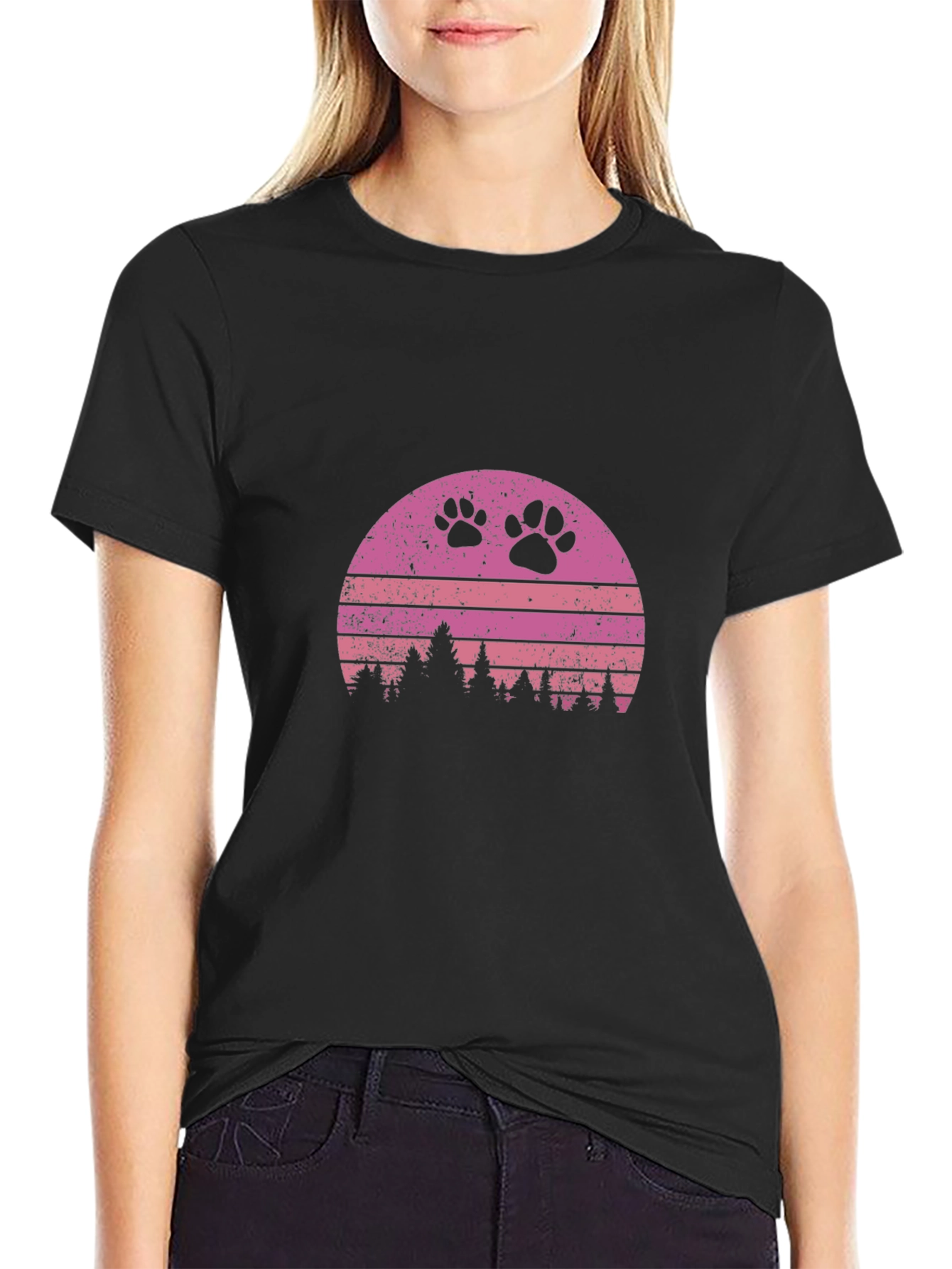 Retro Sunset Paw Print T-Shirt