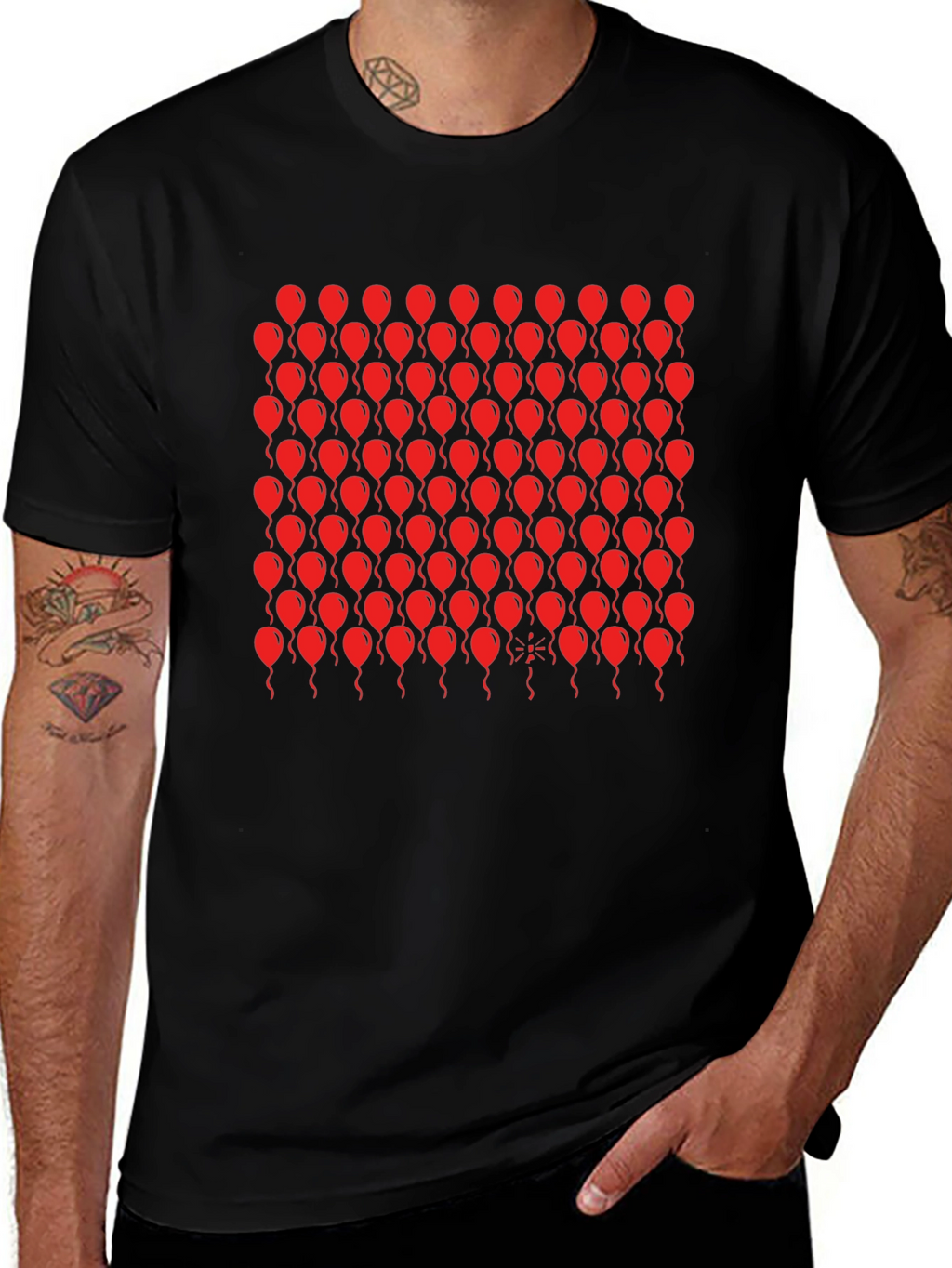 Black T-Shirt with Red Balloon Pattern