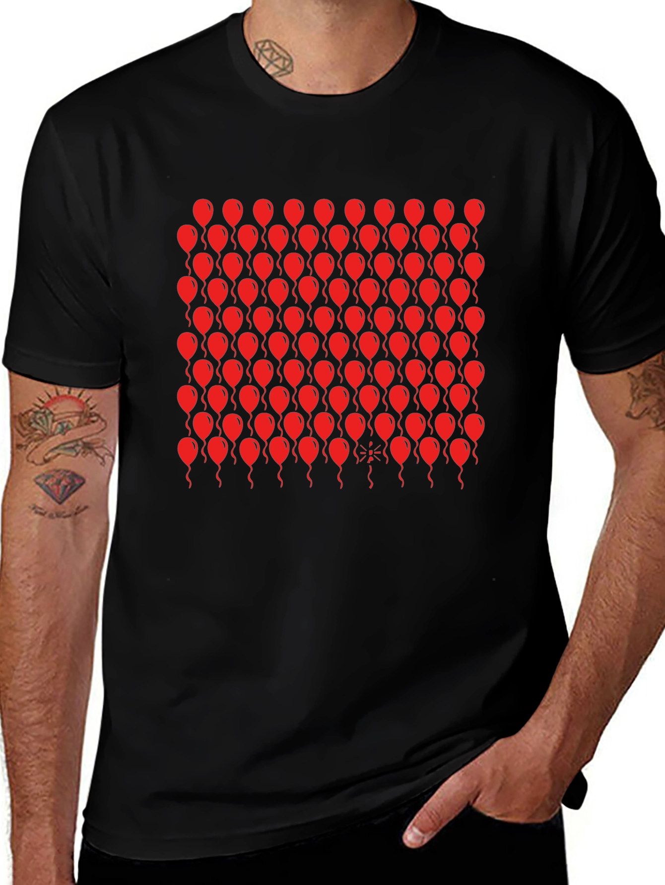 Black T-Shirt with Red Balloon Pattern