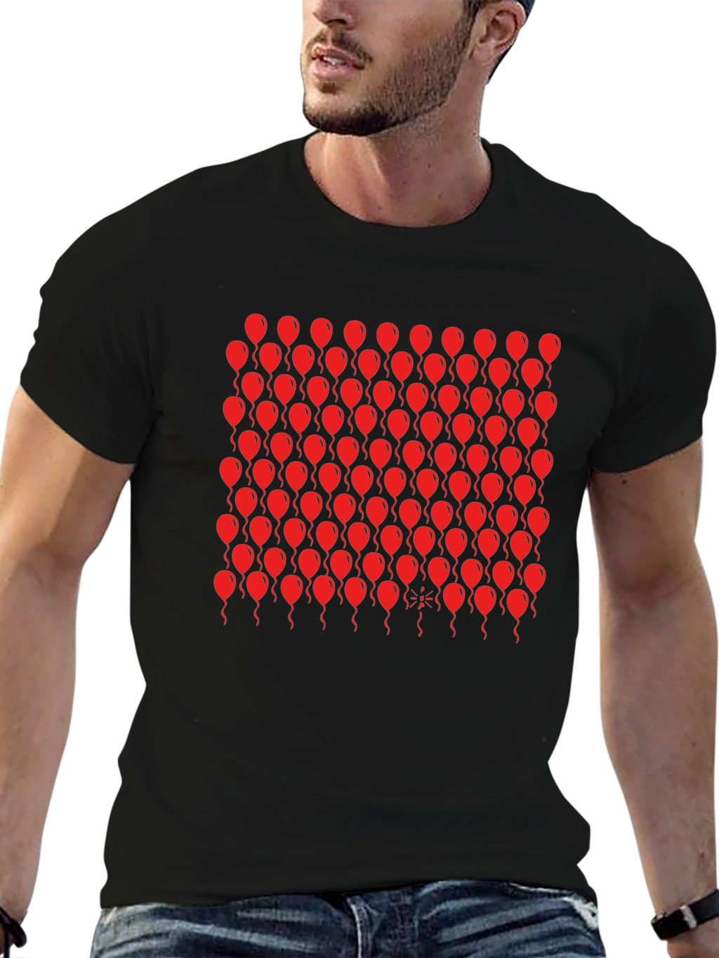 Black T-Shirt with Red Balloon Pattern