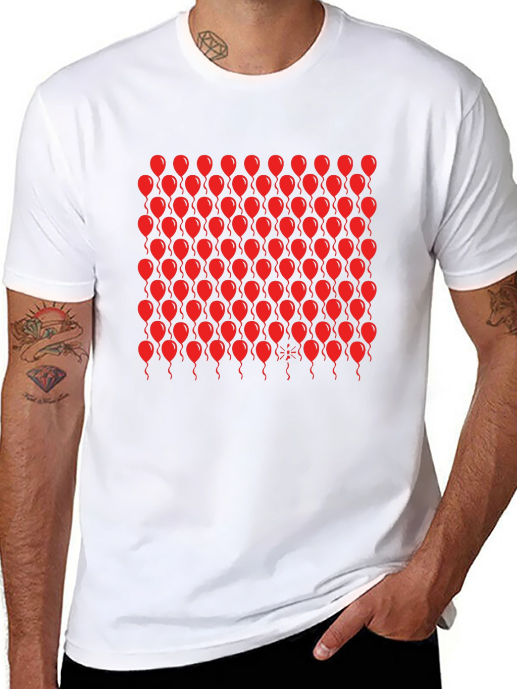 Black T-Shirt with Red Balloon Pattern