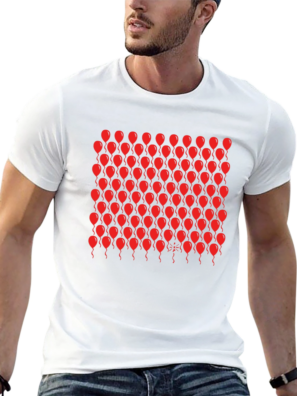 Black T-Shirt with Red Balloon Pattern