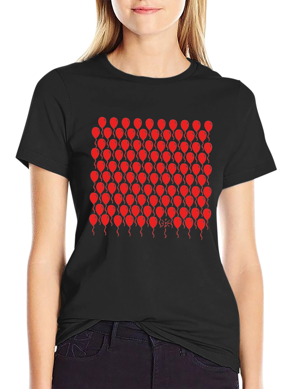 Black T-Shirt with Red Balloon Pattern