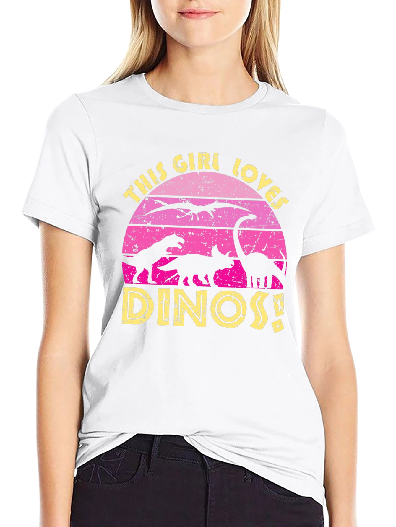 Girl Loves Dinos T-Shirt - Vintage Dinosaur Sunset Tee