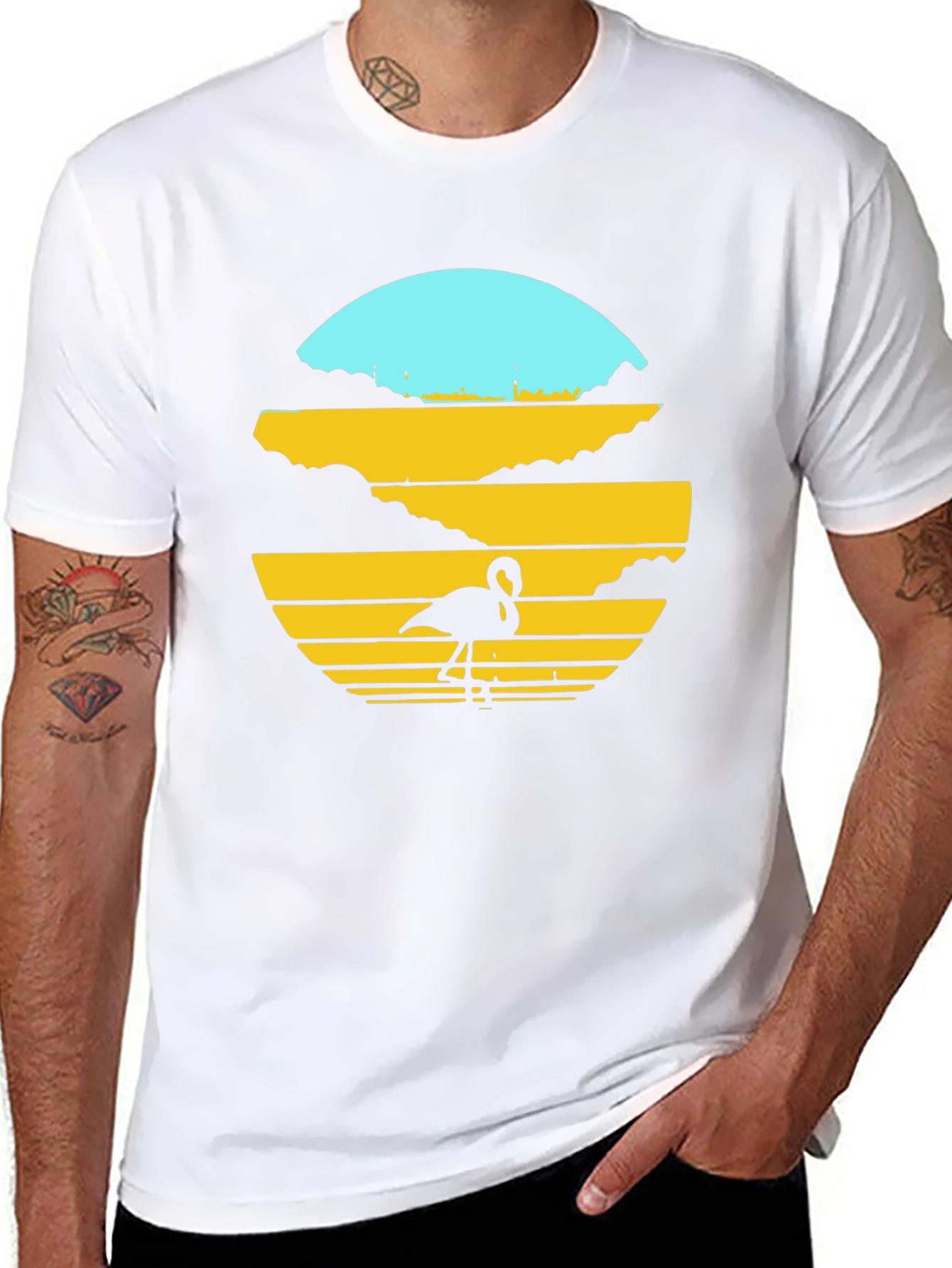 Sunset Flamingo Graphic Tee - Black Cotton Blend