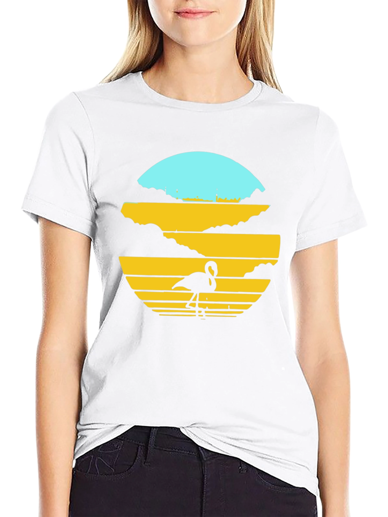 Sunset Flamingo Graphic Tee - Black Cotton Blend