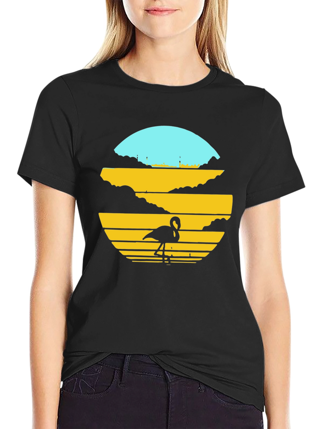 Sunset Flamingo Graphic Tee - Black Cotton Blend