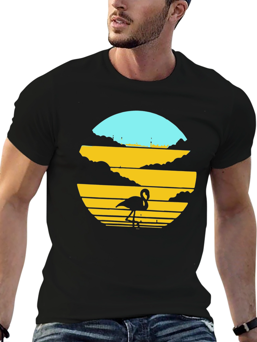 Sunset Flamingo Graphic Tee - Black Cotton Blend